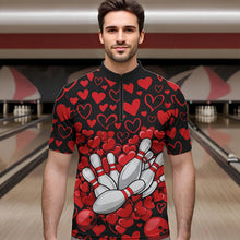 Load image into Gallery viewer, Black And Red Heart Theme Custom Valentines Bowling Quarter-Zip Shirt For Men, Couple Bowling Shirt IPHW8336