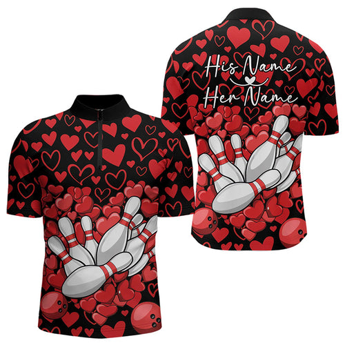 Black And Red Heart Theme Custom Valentines Bowling Quarter-Zip Shirt For Men, Couple Bowling Shirt IPHW8336