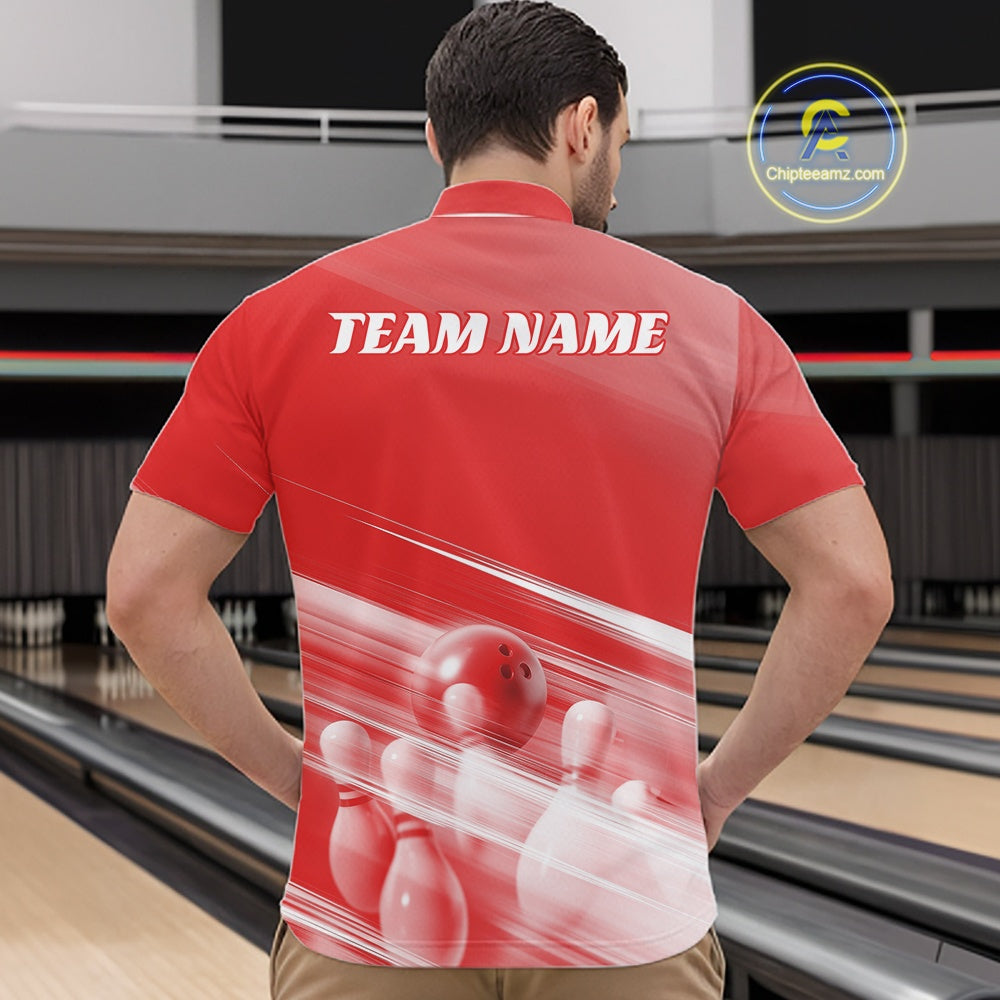 Front view of a male model at the bowling lane wearing a red quarter zip shirt with bowling ball and pins over a pink geometric background.