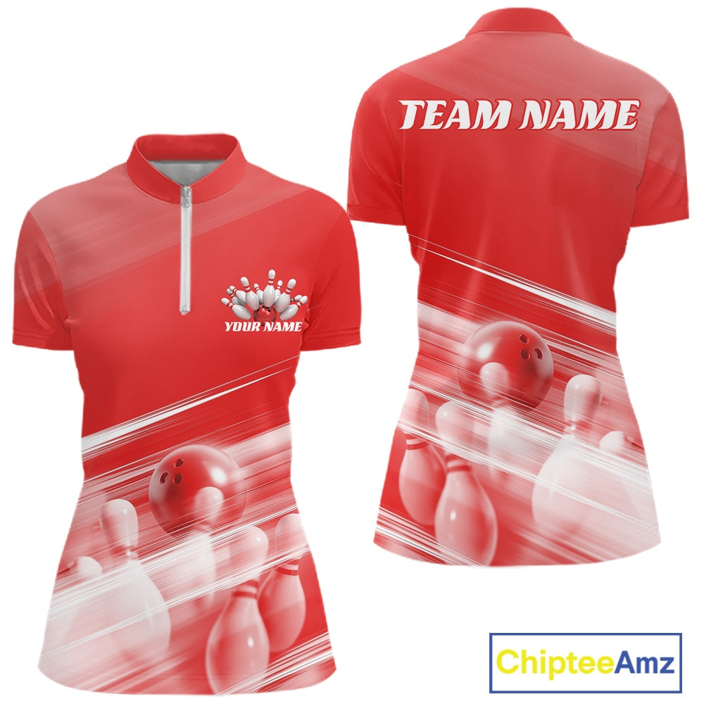 Front and back red women’s bowling quarter zip mockup featuring bowling ball and pins blended into a pink geometric pattern background.