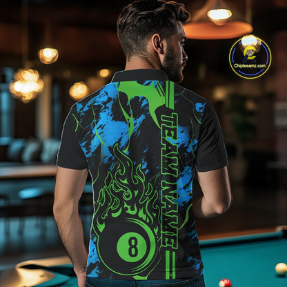 Back view male model wearing a Billiard polo shirt with flaming billiard 8 ball graphics on a blue and green abstract background.