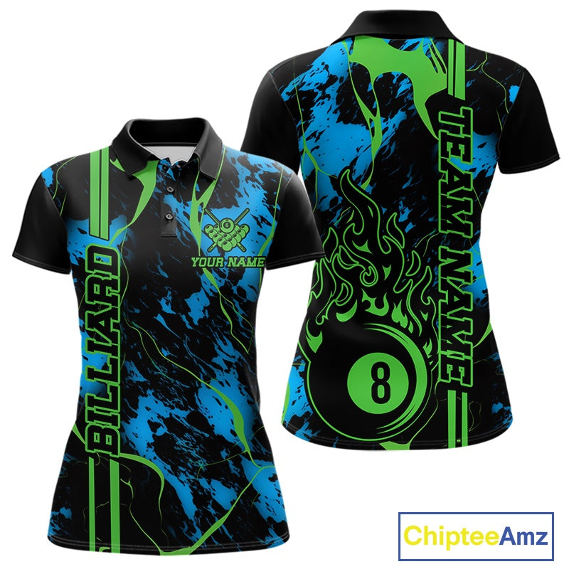 Front and back women’s polo shirt mockup featuring a flaming billiard 8 ball motif over a blue and green abstract background.
