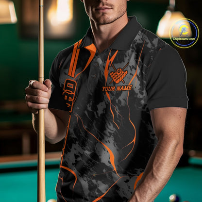 Male model front view wearing a polo shirt with billiard 8 ball flame artwork over a blue and green abstract background.