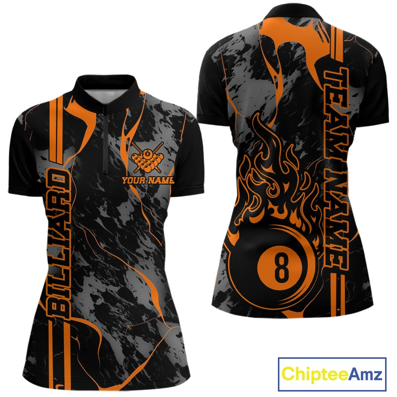 Women’s Billiard quarter zip mockup shown front and back featuring a flaming billiard 8 ball motif over a blue and green abstract design.
