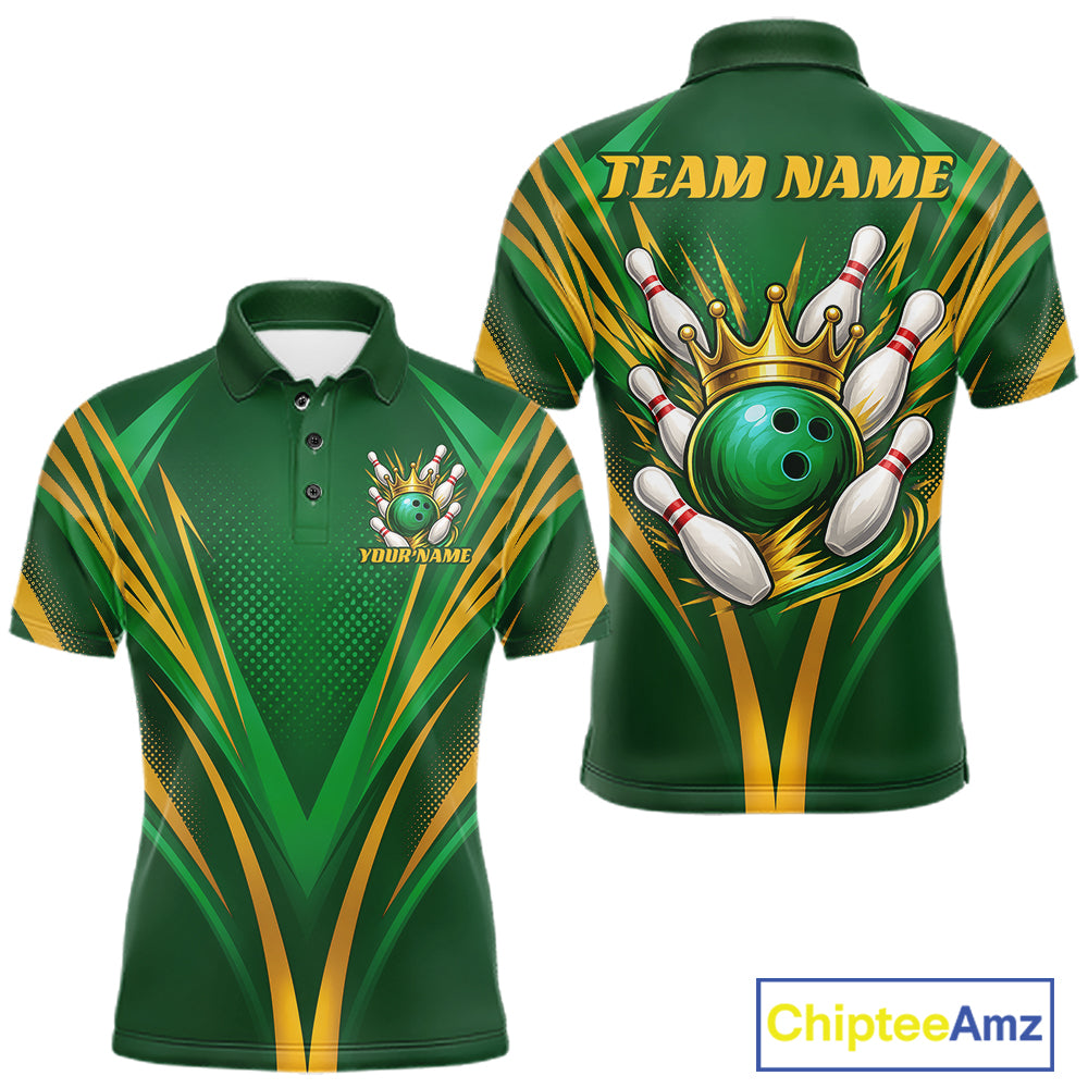 Custom Green And Gold Crowned Bowling Ball Bowling King Bowling Team Men Polo Shirt IPHW11811