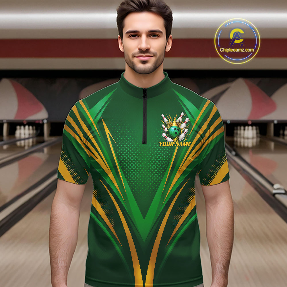 Custom Green And Gold Crowned Bowling Ball Bowling King Bowling Team Men Quarter Zip Shirt IPHW11811