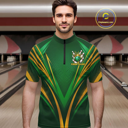 Custom Green And Gold Crowned Bowling Ball Bowling King Bowling Team Men Quarter Zip Shirt IPHW11811