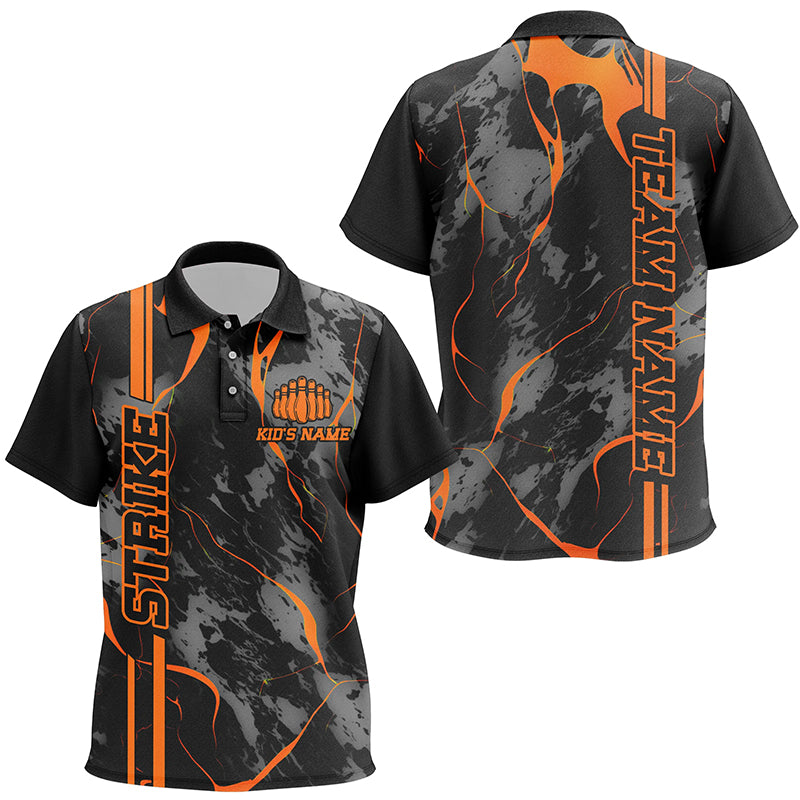 Custom Orange Strike Bowling Polo Shirts For Kid, Orange Camo Bowling Kid Jerseys IPHW5385