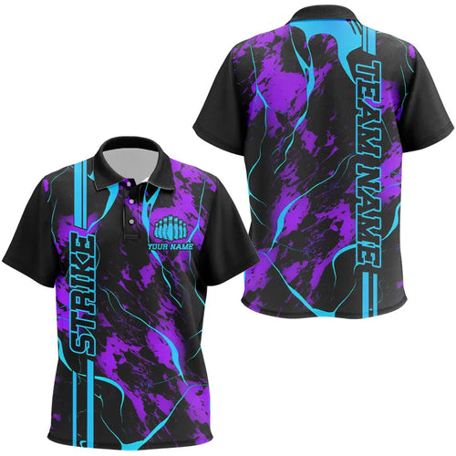 Custom Blue And Purple Strike Bowling Polo Shirts For Kid, Camo Bowling Team Jerseys IPHW5386