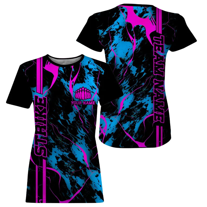 Custom Blue And Pink Strike Bowling T-Shirts For Women Camo Bowling Team Jerseys Bowling League IPHW5387