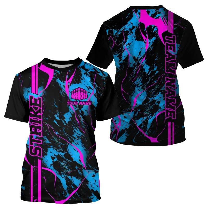 Custom Blue And Pink Strike Bowling T-Shirts For Men Camo Bowling Team Jerseys Bowling League IPHW5387