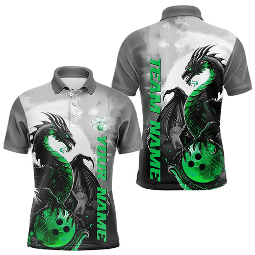 Black And Green Custom Dragon Bowling Polo Shirts For Men, Dragon Bowling Team Shirts IPHW8821
