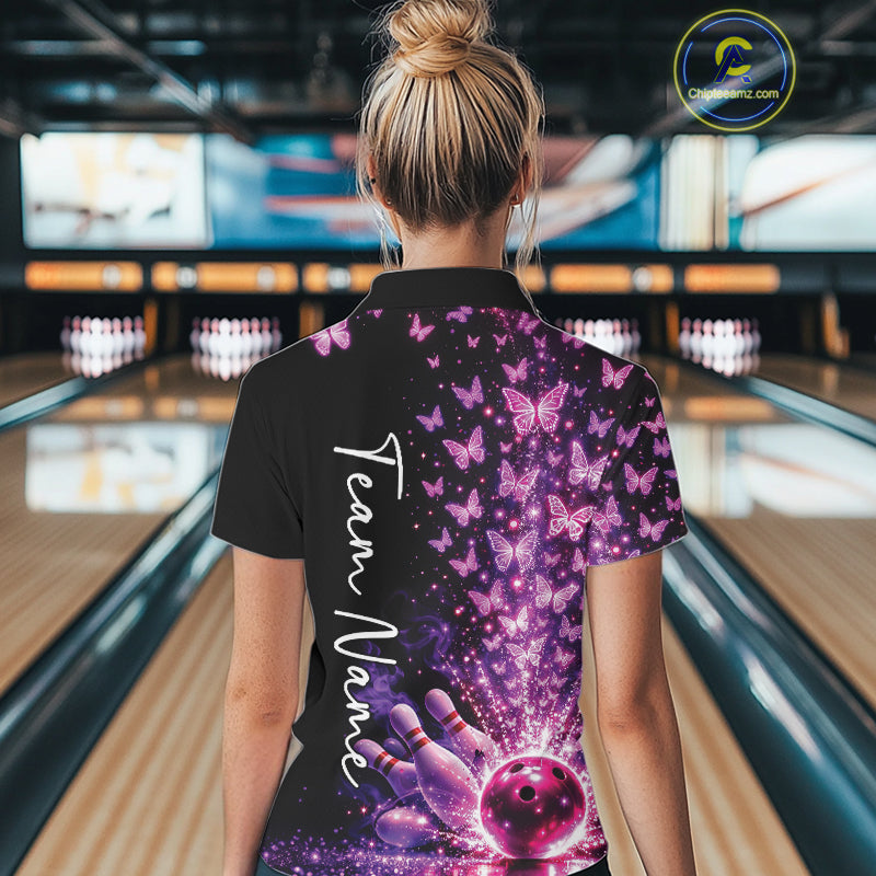 Custom Pink And Purple Butterfly Women Bowling Quarter-Zip Shirt, Bowling League Shirt IPHW10904