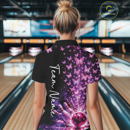 Custom Pink And Purple Butterfly Women Bowling Quarter-Zip Shirt, Bowling League Shirt IPHW10904