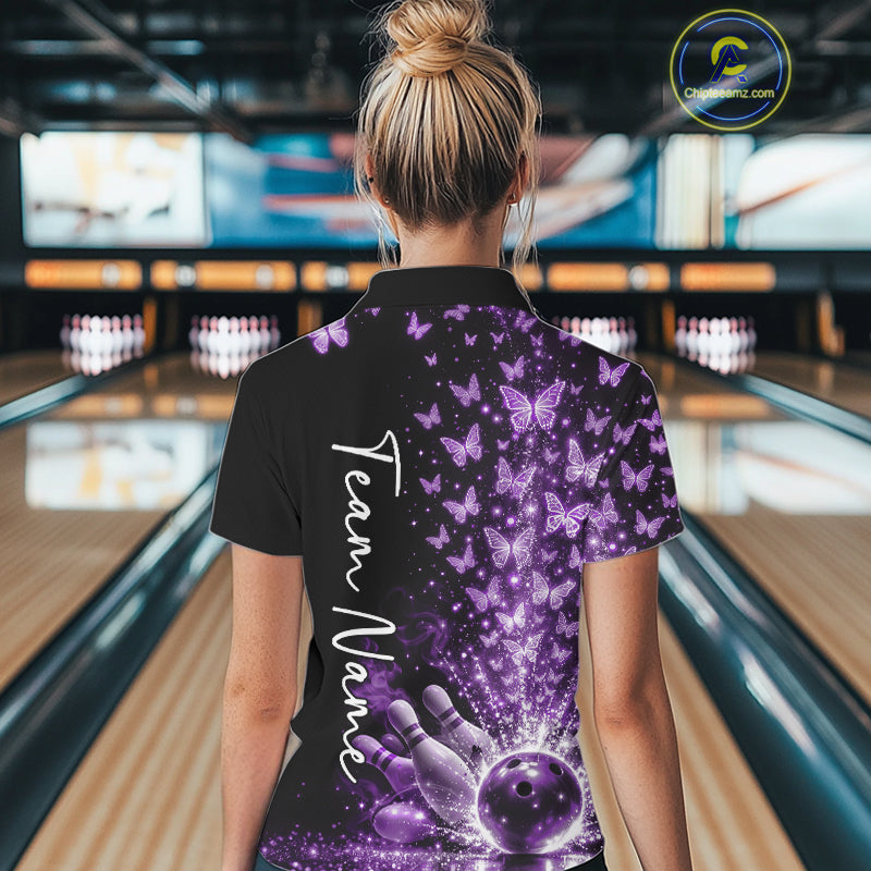 Custom Purple Butterfly Women Bowling Quarter-Zip Shirt, Bowling League Shirt IPHW10905
