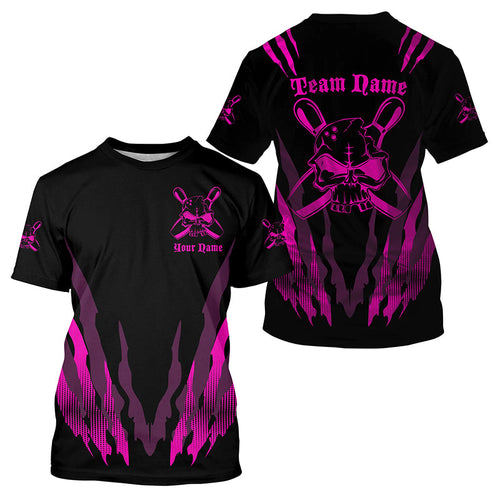 Pink And Black Custom Bowling T Shirts For Men And Women, All Over Printed Skull Bowling Team Tee Shirts IPHW4485