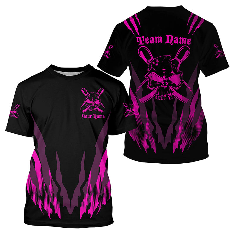 Pink And Black Custom Bowling T Shirts For Men And Women, All Over Printed Skull Bowling Team Tee Shirts IPHW4485