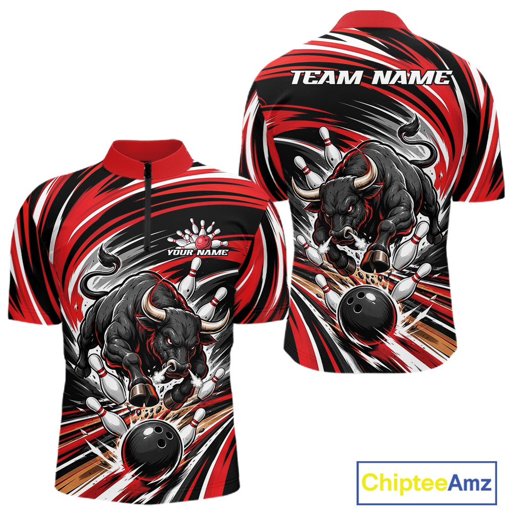 Custom Black And Red Angry Bull Bowling Jerseys, Bowling Team League Men Quarter Zip Shirt IPHW11818