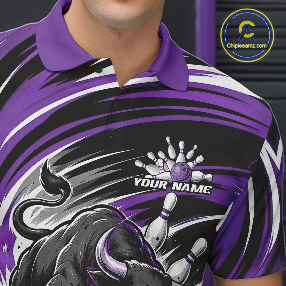 Custom Black And Purple Angry Bull Bowling Jerseys, Bowling Team League Men Polo Shirt IPHW11822