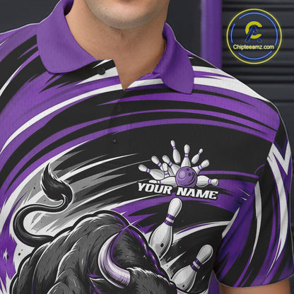 Custom Black And Purple Angry Bull Bowling Jerseys, Bowling Team League Men Polo Shirt IPHW11822