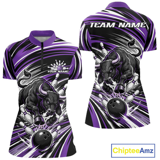 Front and back views of a women's short-sleeve bowling quarter zip shirt. The design features a black bull rolling a bowling ball with purple and white graphic swirls.