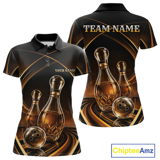 Customizable womens short-sleeve polo shirt shown from the front and back, featuring a black and gold bowling-themed graphic with bowling pins that resemble wine bottles and balls, plus placeholder text 'TEAM-NAME' and 'YOUR NAME'.