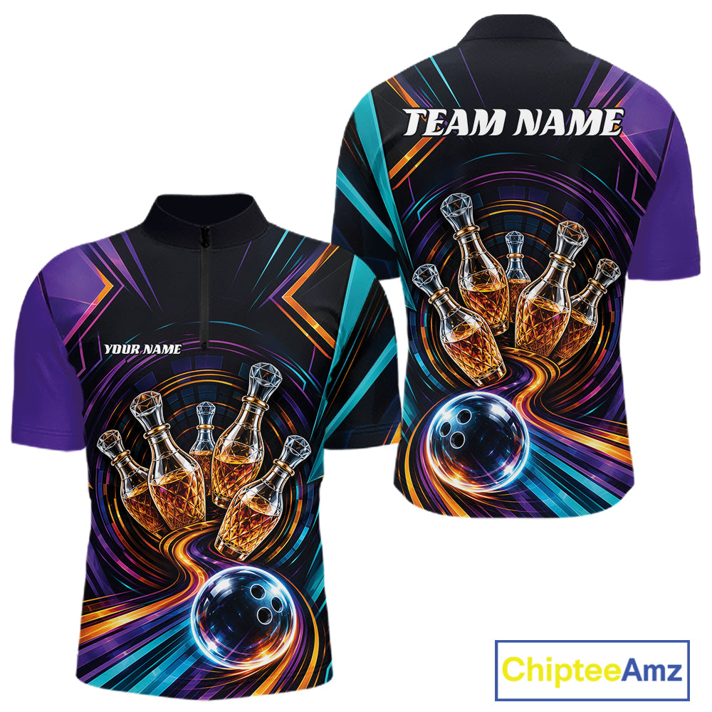 Custom Colorful Wine Bowling Men Quarter Zip Shirts, Wine Lovers Bowling Team Jersey IPHW11829