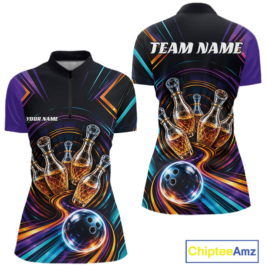 Front and back views of a short-sleeve athletic quarter zip shirt with a bowling theme, featuring bowling pins that resemble wine bottles, bowling balls, and colorful abstract swirls on a black background. The front has 'YOUR NAME' and 'TEAM NAME' placeholders on the back, and a 'ChipteeAmz' logo is visible in the bottom right corner.