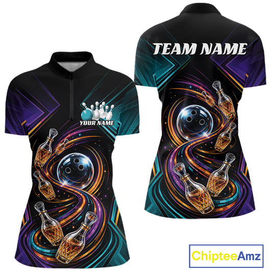 Front and back views of a womens short-sleeve quarter zip bowling shirt on a white background. The shirt features a black base with vibrant purple, teal, orange, and yellow abstract swirls, featuring bowling balls and bowling pins creatively designed to resemble wine bottles.