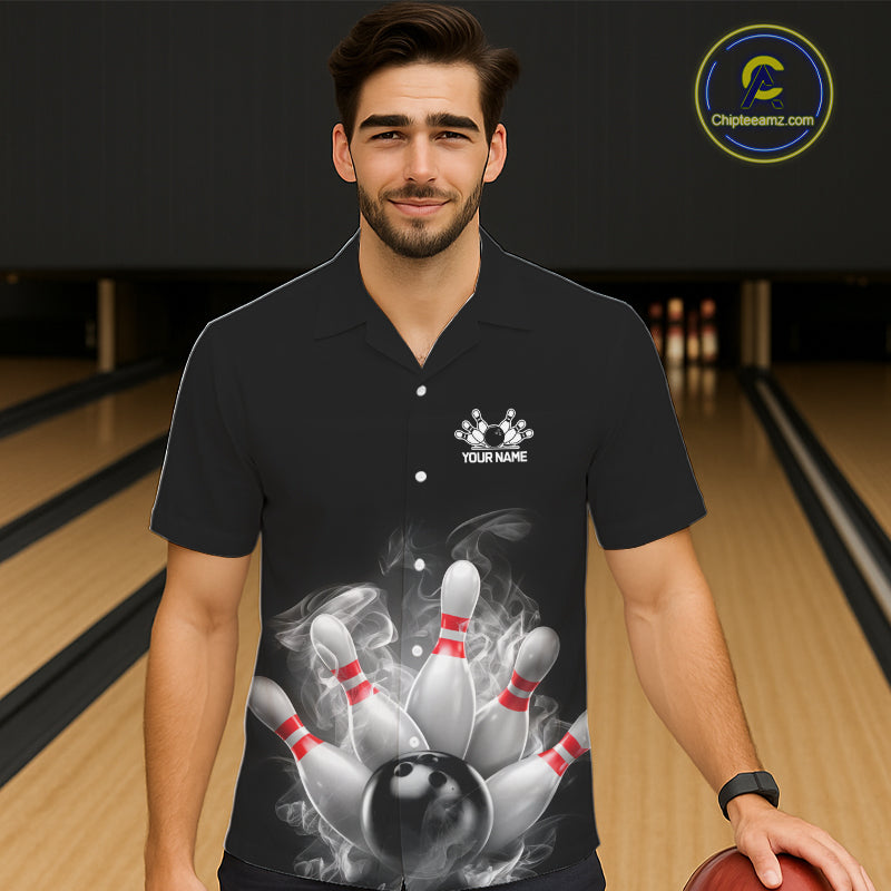 Custom Smoke Bowling Hawaiian Shirts For Men, Bowling Uniform Team Bowling Jerseys IPHW7373
