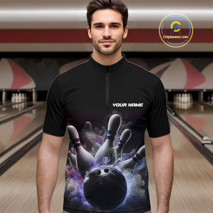 Custom Men Bowling Quarter Zip Shirts Smoke Bowling Team Jerseys Strike Bowling Shirts IPHW5402