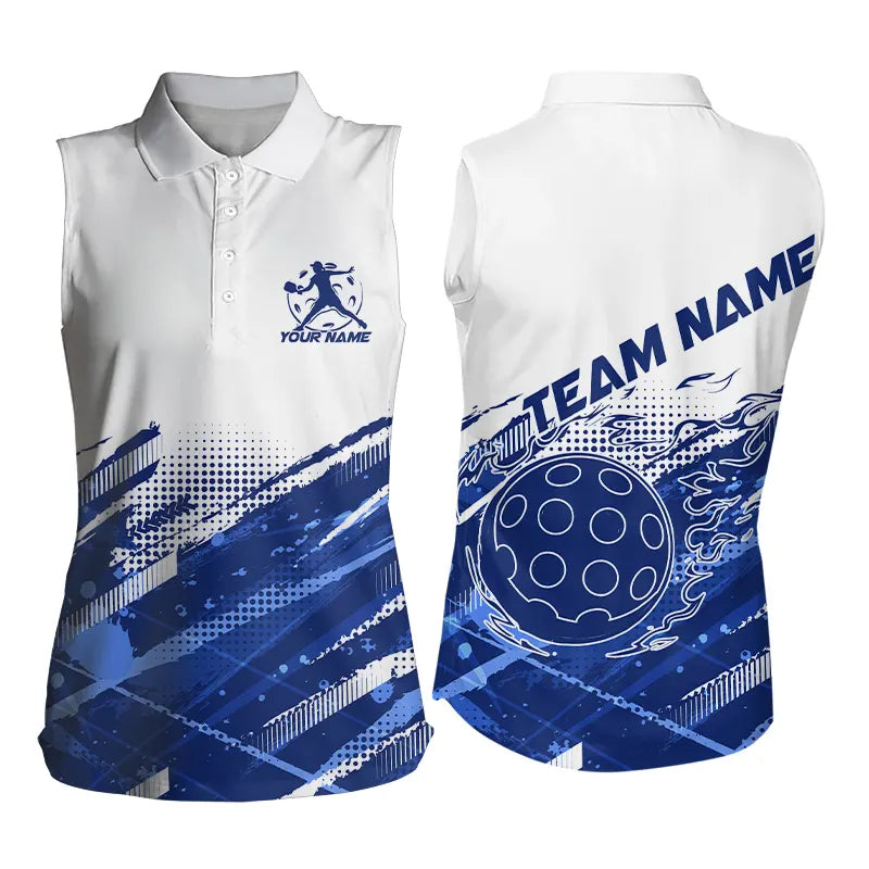 Custom Blue Flame Pickleball Women's Sleeveless Polo Shirts, Pickleball Team Name Shirt IPHW8109