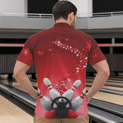 Red Heart Theme Custom Valentines Bowling Quarter-Zip Shirts For Men, Couple Bowling Shirt IPHW8344