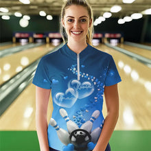 Load image into Gallery viewer, Blue Heart Theme Custom Valentines Bowling  Womens Quarter-Zip Shirts, Couple Bowling Shirt IPHW8345