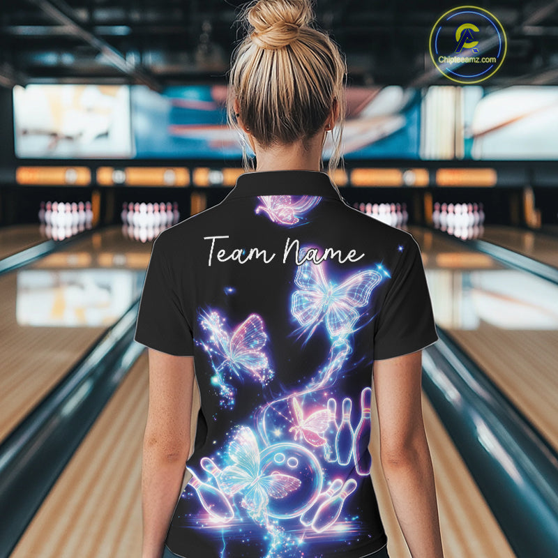 Custom Holographic Butterfly Women Bowling Team Shirts, Ladies Bowling League Shirt IPHW10912