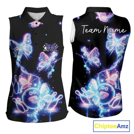 Custom Holographic Butterfly Women Bowling Team Shirts, Ladies Bowling League Shirt IPHW10912
