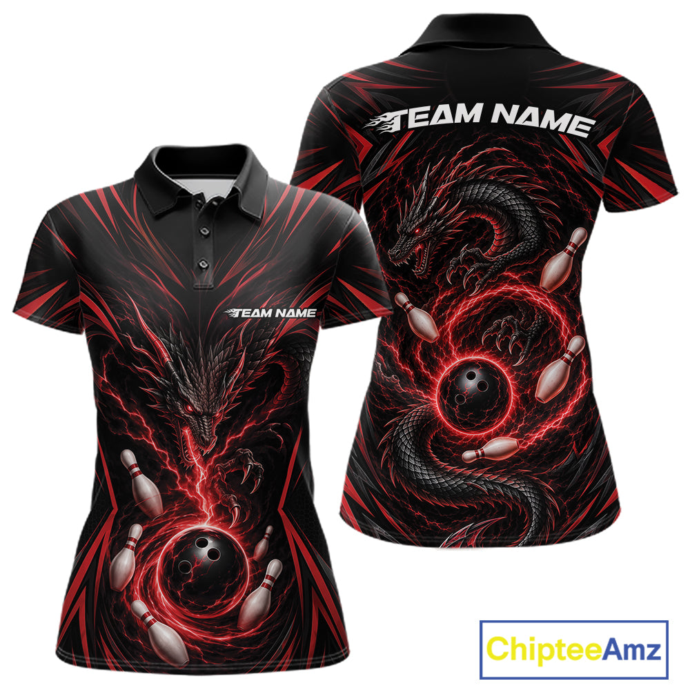 Custom Black And Red Lightning Dragon Bowling Team Women Polo Shirt, Bowling League Shirt IPHW11838