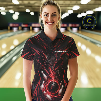 Custom Black And Red Lightning Dragon Bowling Team Women Polo Shirt, Bowling League Shirt IPHW11838