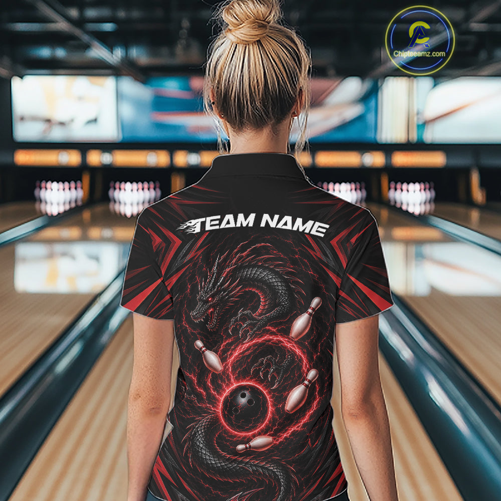 Custom Black And Red Lightning Dragon Bowling Team Women Polo Shirt, Bowling League Shirt IPHW11838
