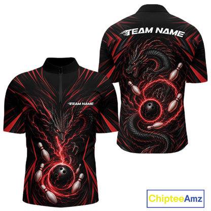 Custom Black And Red Lightning Dragon Bowling Team Men Quarter Zip Shirt, Bowling League Shirt IPHW11838