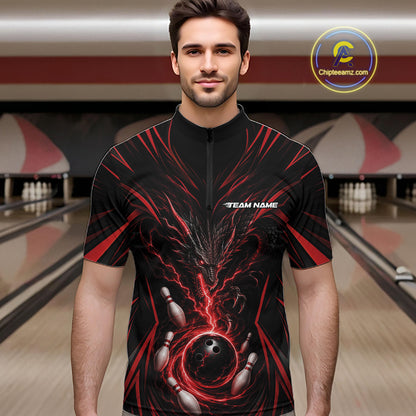 Custom Black And Red Lightning Dragon Bowling Team Men Quarter Zip Shirt, Bowling League Shirt IPHW11838