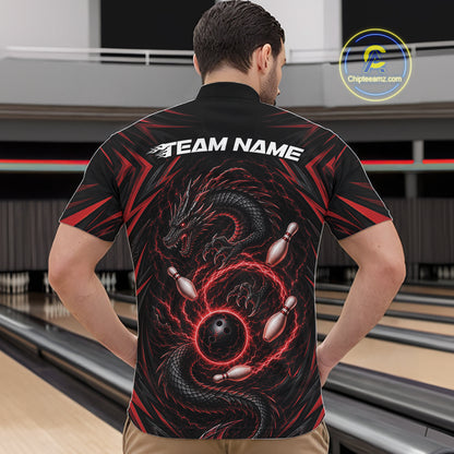 Custom Black And Red Lightning Dragon Bowling Team Men Quarter Zip Shirt, Bowling League Shirt IPHW11838