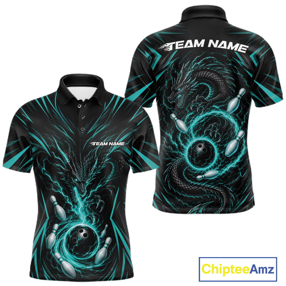 Custom Turquoise Blue Lightning Dragon Bowling Team Men Polo Shirt, Bowling League Shirt IPHW11839