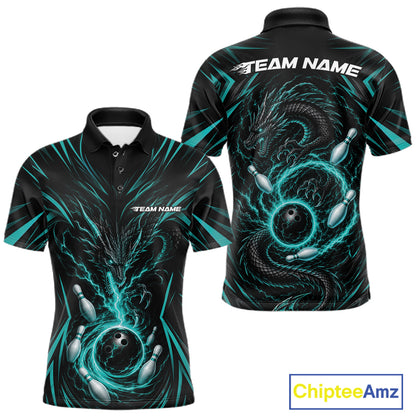 Custom Turquoise Blue Lightning Dragon Bowling Team Men Polo Shirt, Bowling League Shirt IPHW11839
