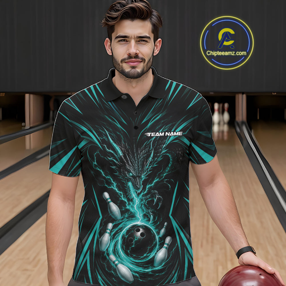 Custom Turquoise Blue Lightning Dragon Bowling Team Men Polo Shirt, Bowling League Shirt IPHW11839