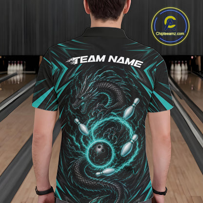 Custom Turquoise Blue Lightning Dragon Bowling Team Men Polo Shirt, Bowling League Shirt IPHW11839
