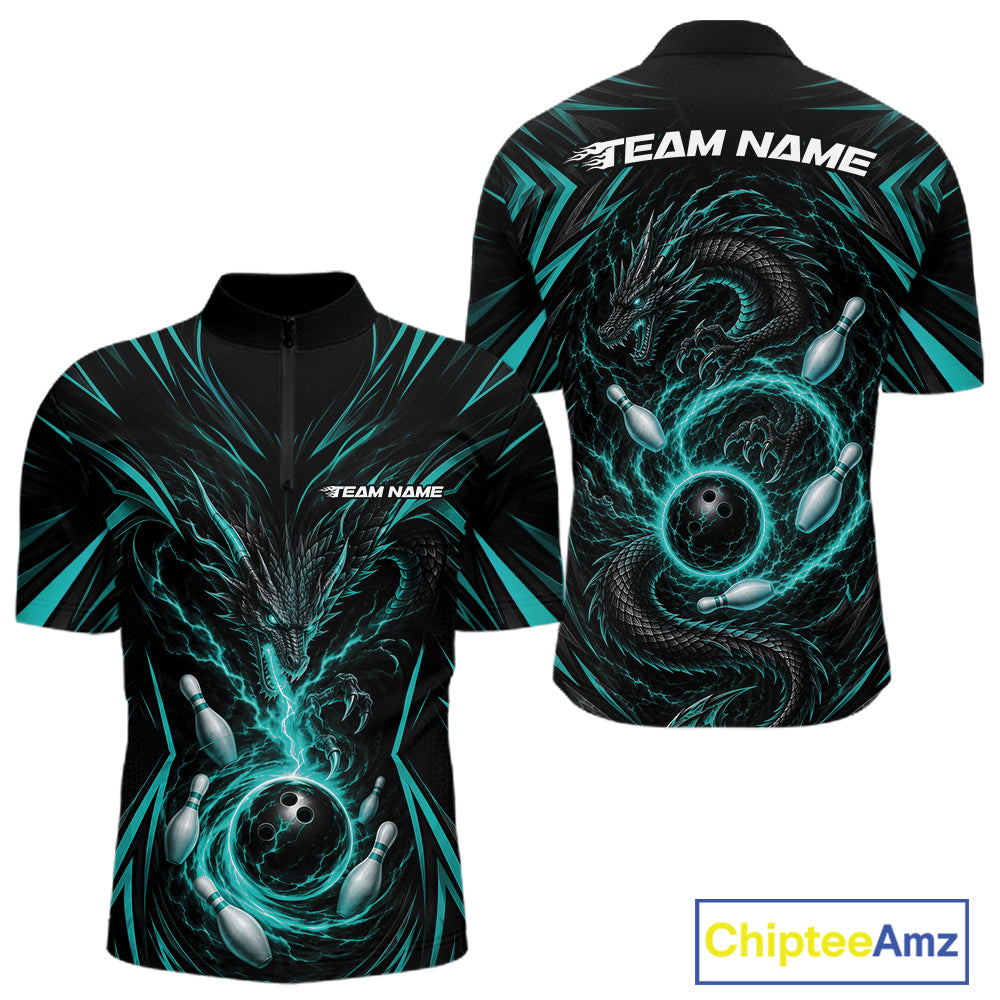 Custom Turquoise Blue Lightning Dragon Bowling Team Men Quarter Zip Shirt, Bowling League Shirt IPHW11839