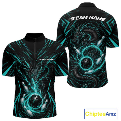 Custom Turquoise Blue Lightning Dragon Bowling Team Men Quarter Zip Shirt, Bowling League Shirt IPHW11839