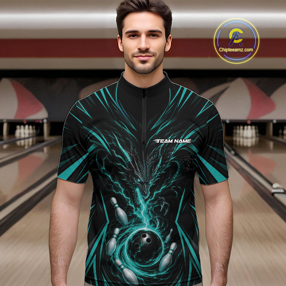 Custom Turquoise Blue Lightning Dragon Bowling Team Men Quarter Zip Shirt, Bowling League Shirt IPHW11839