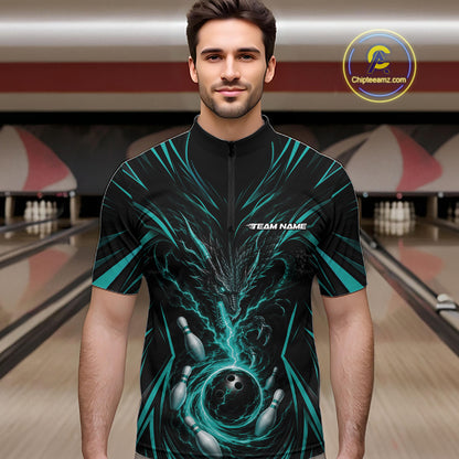 Custom Turquoise Blue Lightning Dragon Bowling Team Men Quarter Zip Shirt, Bowling League Shirt IPHW11839